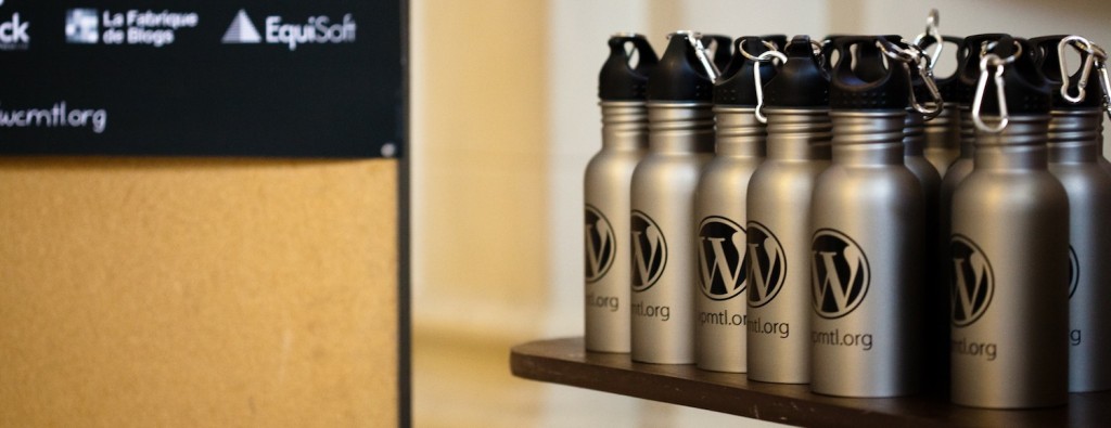 WordCamp Montreal water bottles
